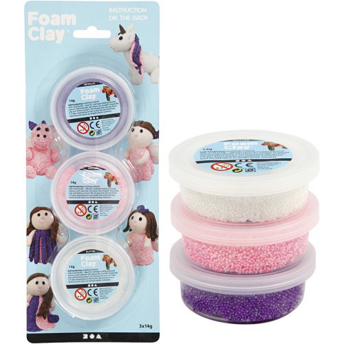 Samotvrdnoucí modelovací pěnová kuličková hmota Foam Clay SADA - BÍLÁ, GLITTER RŮŽOVÁ, METALICKÁ FIA