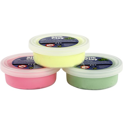 Samotvrdnoucí modelovací lehká hmota Silk Clay SADA 3 barev - SVĚTLÁ ZELENÁ, NEON RŮŽOVÁ, NEON ŽLUTÁ - obrázek
