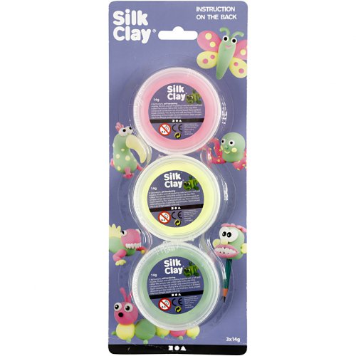 Samotvrdnoucí modelovací lehká hmota Silk Clay SADA 3 barev - SVĚTLÁ ZELENÁ, NEON RŮŽOVÁ, NEON ŽLUTÁ - obrázek
