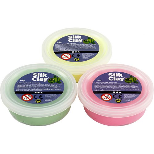 Samotvrdnoucí modelovací lehká hmota Silk Clay SADA 3 barev - SVĚTLÁ ZELENÁ, NEON RŮŽOVÁ, NEON ŽLUTÁ - obrázek