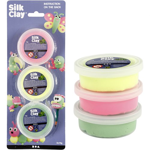 Samotvrdnoucí modelovací lehká hmota Silk Clay SADA 3 barev - SVĚTLÁ ZELENÁ, NEON RŮŽOVÁ, NEON ŽLUTÁ
