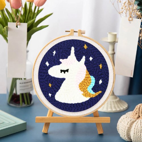 Vyšívání dutou jehlou sada - JEDNOROŽEC 20x20 cm kulatý rám
