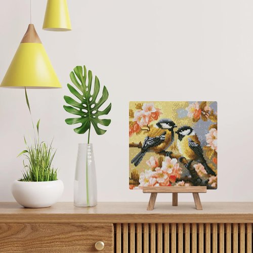 Mini diamantové malování - DVA PTÁČCI NA KVETOUCÍ VĚTVIČCE na rámu 25 x 25 cm