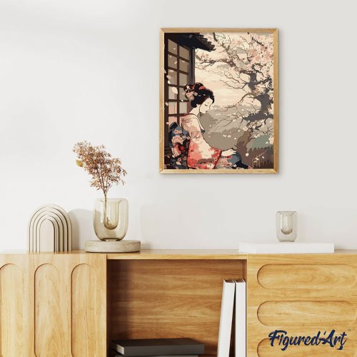 Malování podle čísel  - ŽENA V KIMONU A SAKURA na rámu 40 x 50 cm