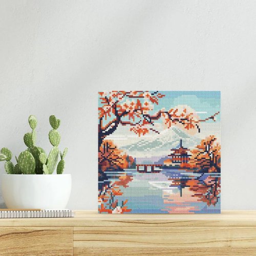 Mini diamantové malování - FUJI NAD JEZEREM bez rámu 25 x 25cm