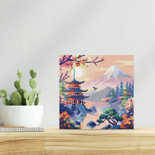 Mini diamantové malování - PAGODA POD HOROU FUJI na rámu 25 x 25cm