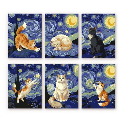 Mini malování podle čísel - KOČIČÍ HVĚZDNÁ NOC 15 x 20 cm 6 obrázků bez rámu - MFA032_2.jpg