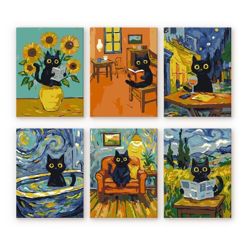 Mini malování podle čísel - ČERNÁ KOČKA VE SVĚTĚ VAN GOGHA 15 x 20 cm 6 obrázků na rámu - MFA029-Y_2.jpg