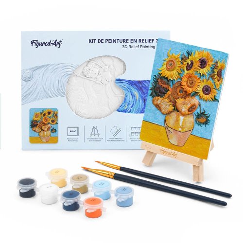 3D RELIÉFNÍ MALBA - SLUNEČNICE VAN GOGH - sběratelská sada s dřevěným stojánkem