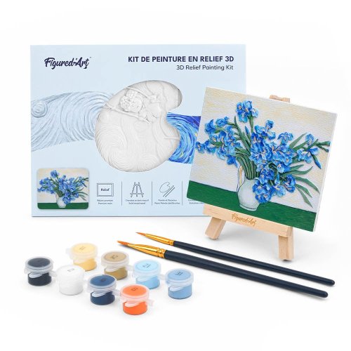 3D RELIÉFNÍ MALBA - KOSATCE VAN GOGH - sběratelská sada s dřevěným stojánkem